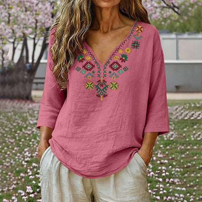 Women's Vintage Floral Embroidery V-Neck Top
