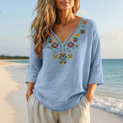 Women's Vintage Floral Embroidery V-Neck Top