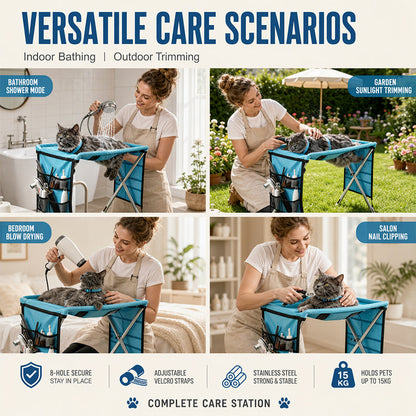 🐾50% OFF NOW ! ✂️2-in-1 Foldable Pet Grooming Bed – Breathable Mesh Cat & Dog Bathing Station with Storage Pockets, Home Pet Grooming Table