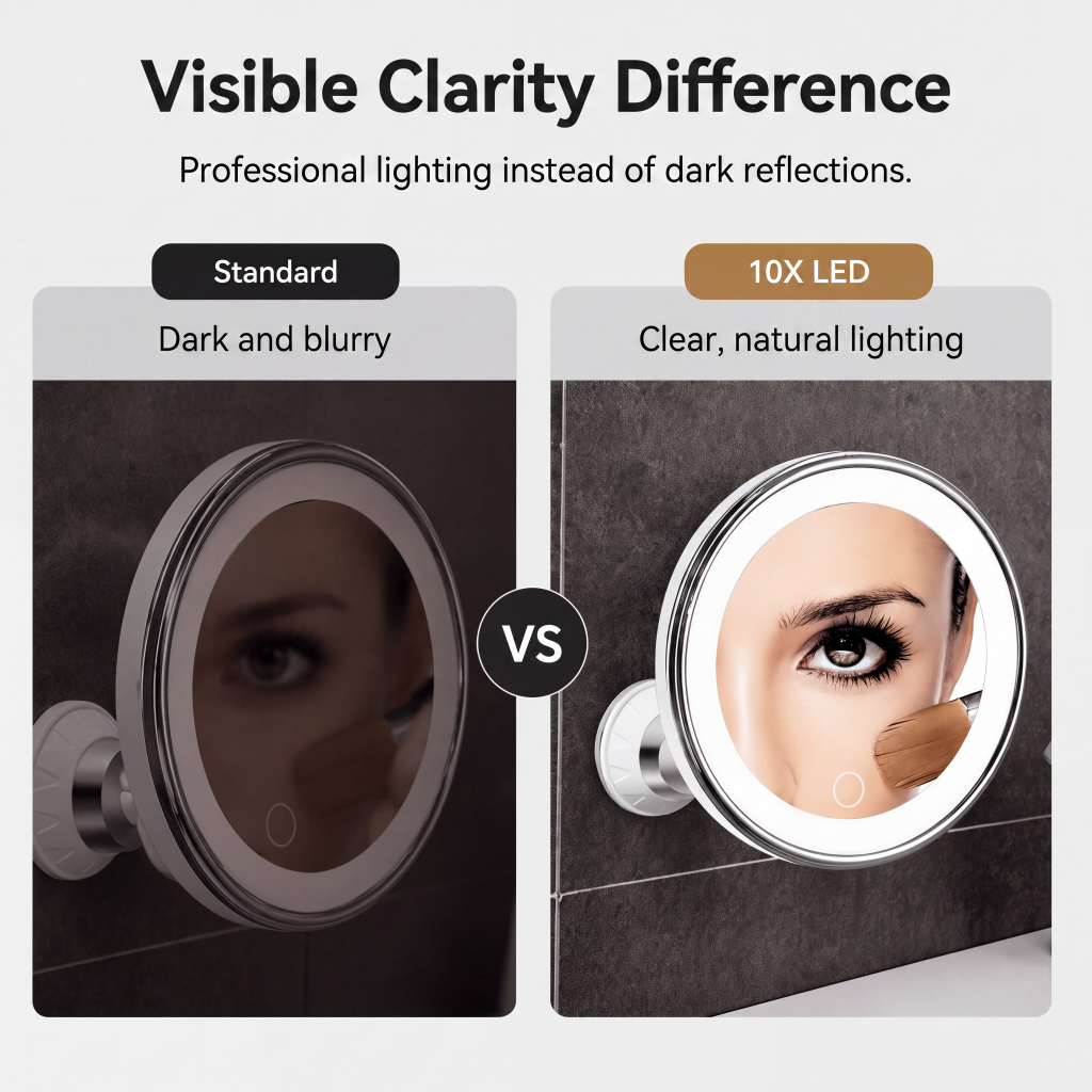 ✨ 10X LED Magnifying Makeup Mirror – Drill-Free Suction & Dual Power 🔍