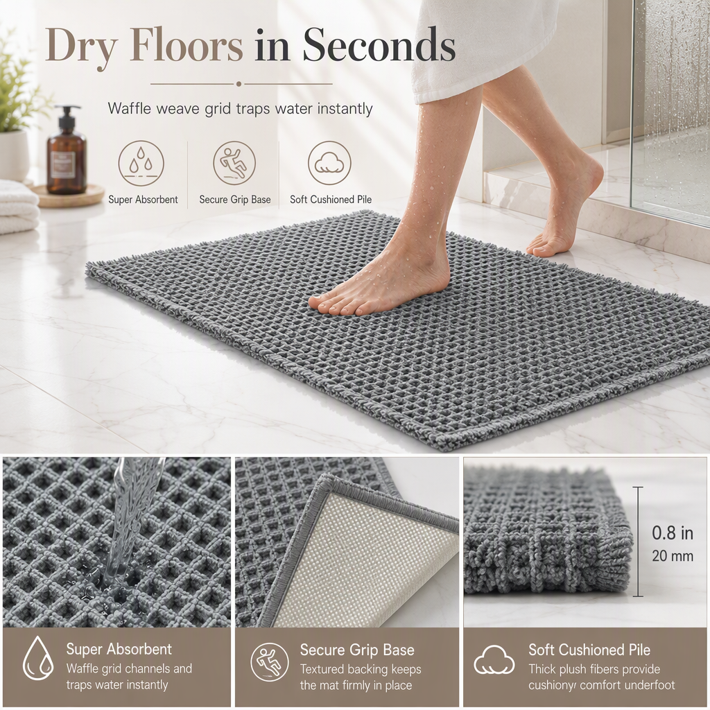 📢📢40% OFF !! ⏰Non Slip Water Absorbent Waffle Weave Bathroom Mat Solid Color Entrance Doormat