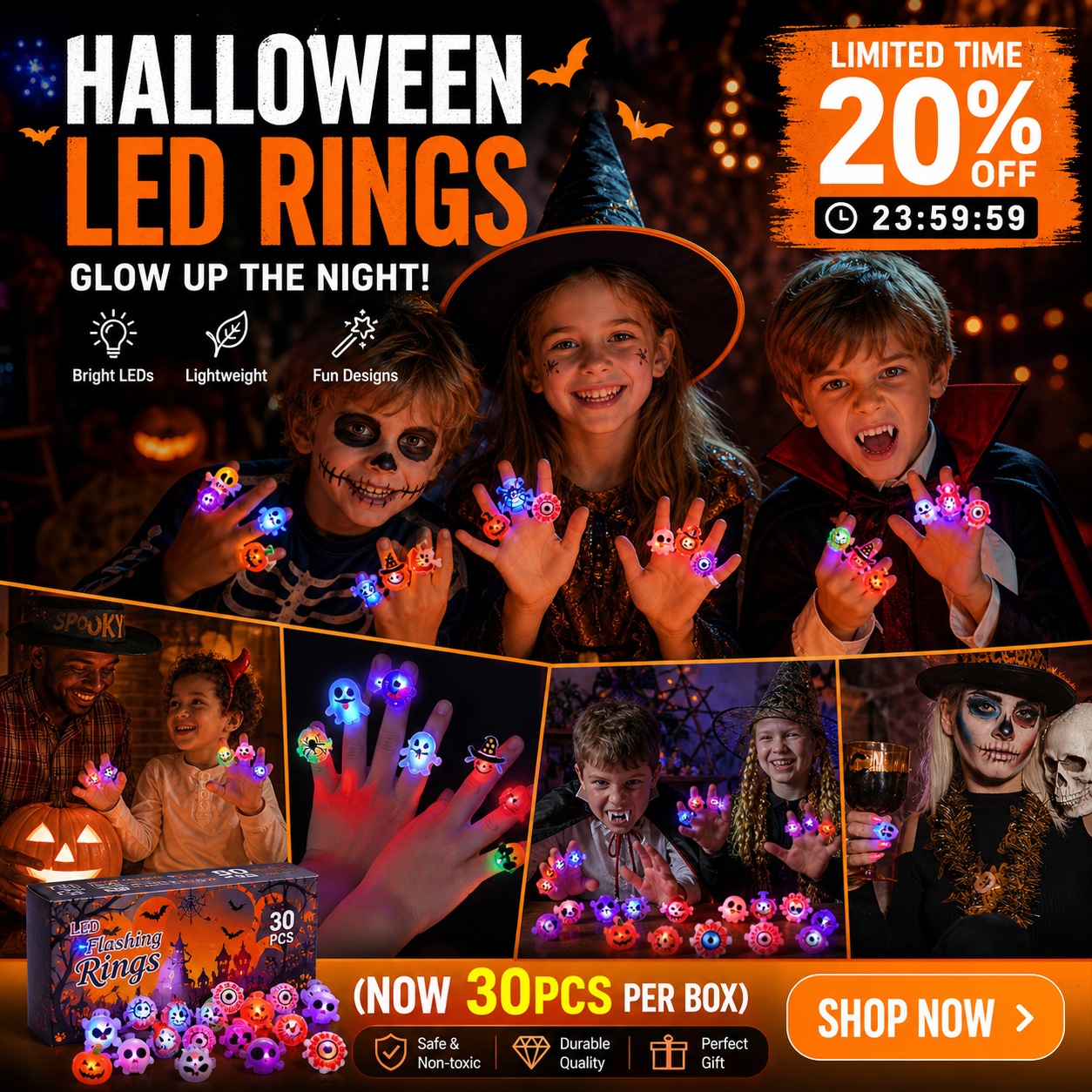 🎃50 Pieces Each Box‼️✨LED Light Halloween Glowing Ring 💍| Flashing Light‑Up Party Favor for Halloween Night👻